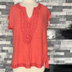 J. Jill Love Linen Orange Embellished V-Neck Cap Sleeve  Size Oversized M